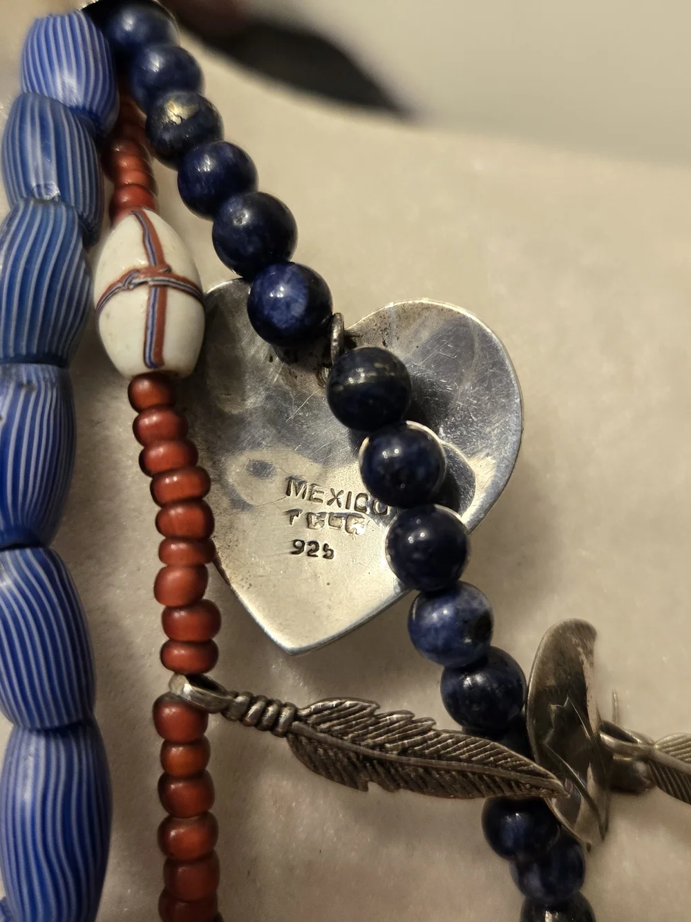 Vintage 925 Tasco Layered Blue & Coral Beaded Cross Necklace - Unbranded